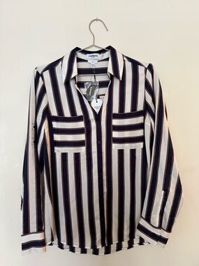 Express women Navy, White and Brown Vertical Stripe Button-Up Shirt
